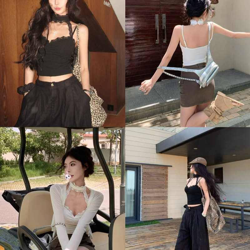 Szexi Spice Girl függőnyakú női nyári belső viselet, karcsúsított, rövid csipkés felső