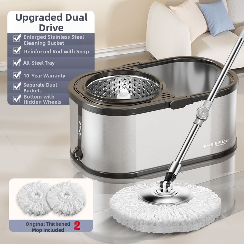 Ανοξείδωτη περιστρεφόμενη διπλής κίνησης αυτόματη σφουγγαρίστρα Lazy People`s Hands-Free οικιακή σφουγγαρίστρα με κουβά