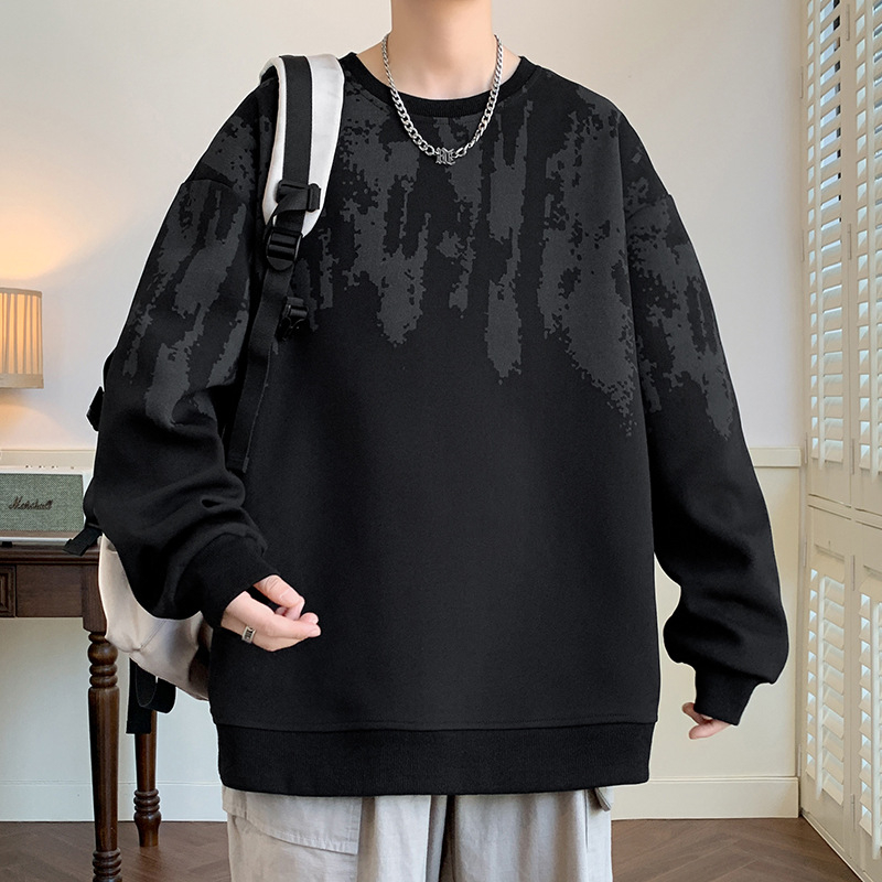 2024 Ősz/Tél Újdonságok Hong Kong stílusú, kerek nyakú, férfi pulóver, laza, plus size, vastag, divatos, mintás páros dzseki férfiaknak