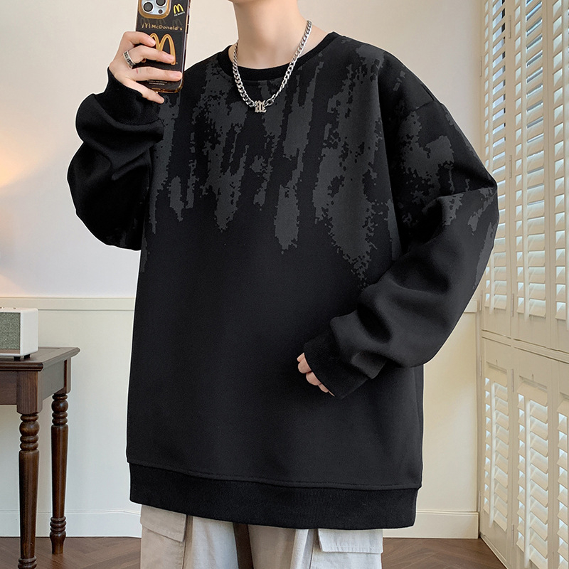 2024 Ősz/Tél Újdonságok Hong Kong stílusú, kerek nyakú, férfi pulóver, laza, plus size, vastag, divatos, mintás páros dzseki férfiaknak