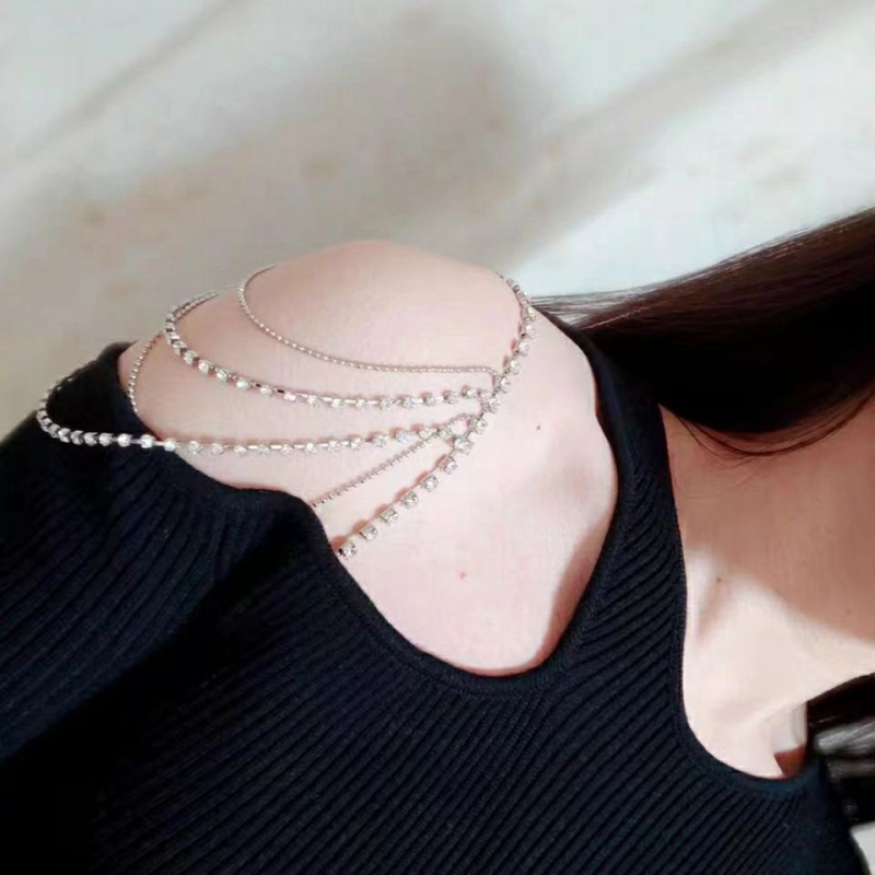 Pārrobežu sprādzienu kleitu aksesuāri temperaments līgavas kāzu rhinestones plecu ķēde Eiropas un Amerikas daudzslāņu bikšturu ķēdes plecu rotājumi vairumtirdzniecībā