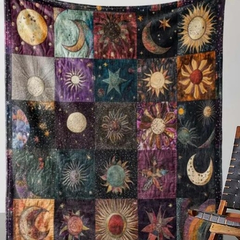 1 τεμάχιο ρετρό κουβέρτα φανέλας με τυπωμένα σχέδια ήλιου και φεγγαριού - μαλακή και καρό κουβέρτα για όλες τις εποχές