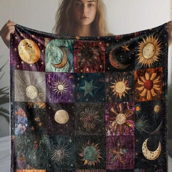 1 τεμάχιο ρετρό κουβέρτα φανέλας με τυπωμένα σχέδια ήλιου και φεγγαριού - μαλακή και καρό κουβέρτα για όλες τις εποχές