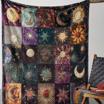 1 τεμάχιο ρετρό κουβέρτα φανέλας με τυπωμένα σχέδια ήλιου και φεγγαριού - μαλακή και καρό κουβέρτα για όλες τις εποχές