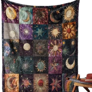 1 τεμάχιο ρετρό κουβέρτα φανέλας με τυπωμένα σχέδια ήλιου και φεγγαριού - μαλακή και καρό κουβέρτα για όλες τις εποχές