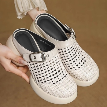 Γυναικείες παντόφλες με vintage ραφές και αγκράφα ζώνης, κοφτερά δάχτυλα, καλοκαιρινές, νέες παντόφλες με χοντρό τακούνι, χοντρό τακούνι στη μέση και υφασμένη τρύπα στη μέση