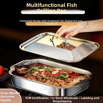 Tarpvalstybinis nerūdijančio plieno keptos žuvies padėklas su dangčiu, kepsninės padėklas su rankena, sutirštintas vėžių padėklas, buitinis jūros gėrybių padėklas, sandėlyje, didmeninė prekyba.