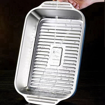 Tarpvalstybinis nerūdijančio plieno keptos žuvies padėklas su dangčiu, kepsninės padėklas su rankena, sutirštintas vėžių padėklas, buitinis jūros gėrybių padėklas, sandėlyje, didmeninė prekyba.