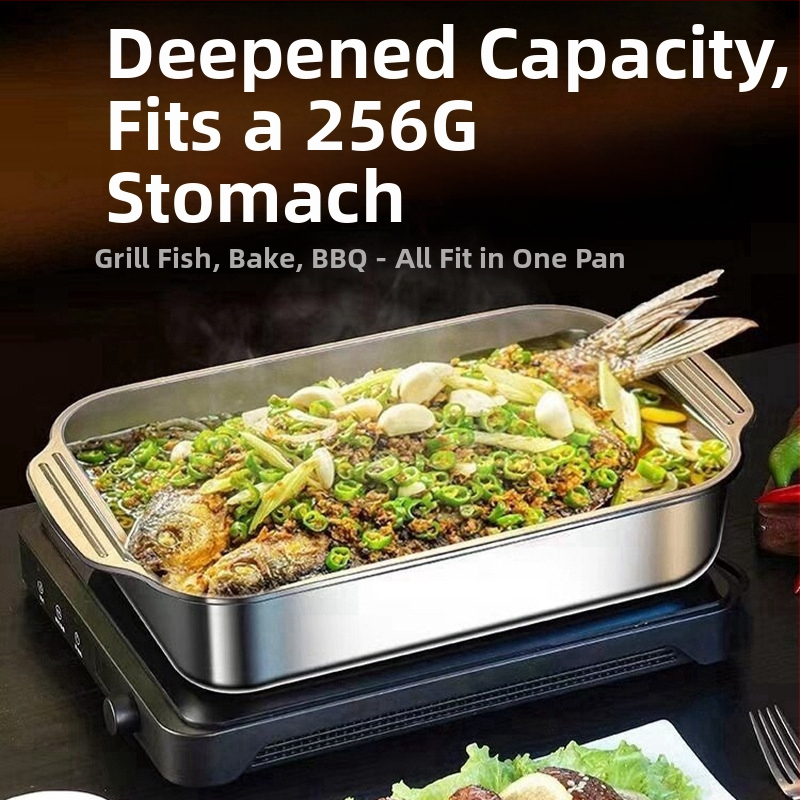 Tarpvalstybinis nerūdijančio plieno keptos žuvies padėklas su dangčiu, kepsninės padėklas su rankena, sutirštintas vėžių padėklas, buitinis jūros gėrybių padėklas, sandėlyje, didmeninė prekyba.