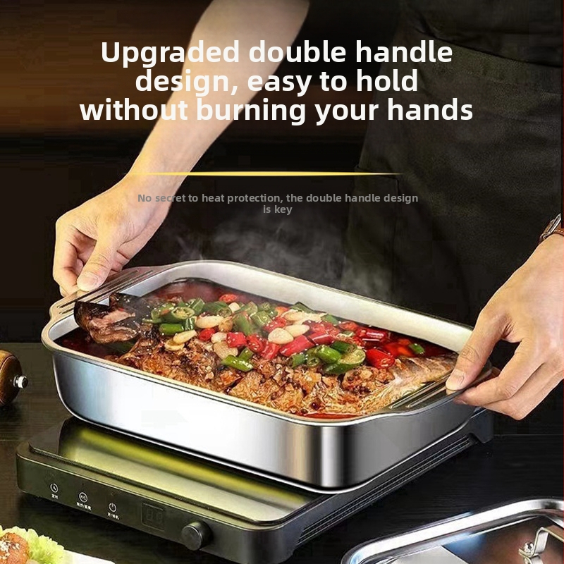 Tarpvalstybinis nerūdijančio plieno keptos žuvies padėklas su dangčiu, kepsninės padėklas su rankena, sutirštintas vėžių padėklas, buitinis jūros gėrybių padėklas, sandėlyje, didmeninė prekyba.