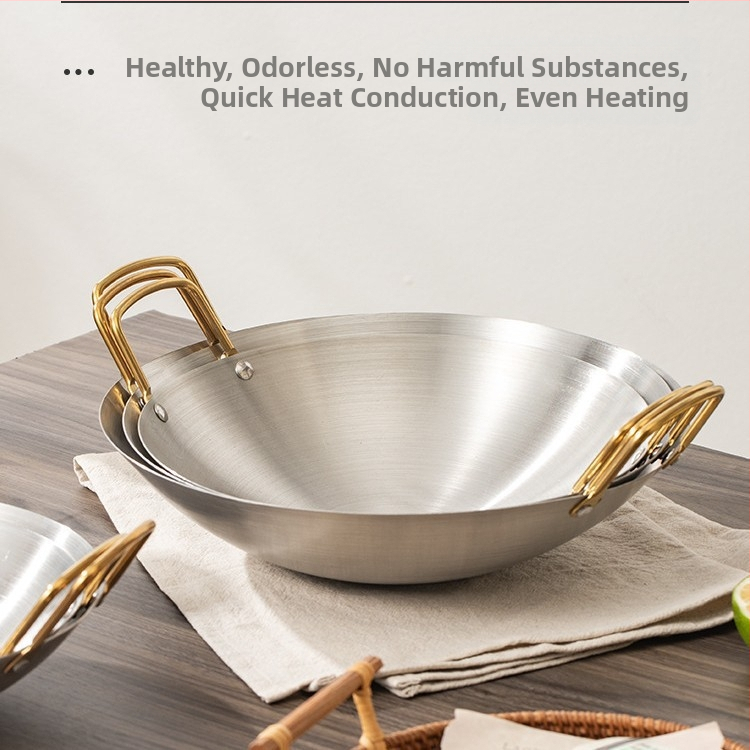 Nerūdijančio plieno keptuvė su nepridegančia danga, skirta naudoti namuose, apvaliu dugnu, nedengta geležinė keptuvė namams, maistui skirta keptuvė su dviguba rankena