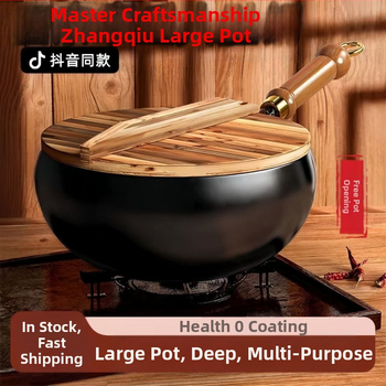 Tradicinė Zhangqiu didelio pilvo geležinė keptuvė namams, rankomis kalta, be dangos, nelimpanti