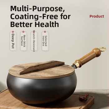 Tradicinė Zhangqiu didelio pilvo geležinė keptuvė namams, rankomis kalta, be dangos, nelimpanti