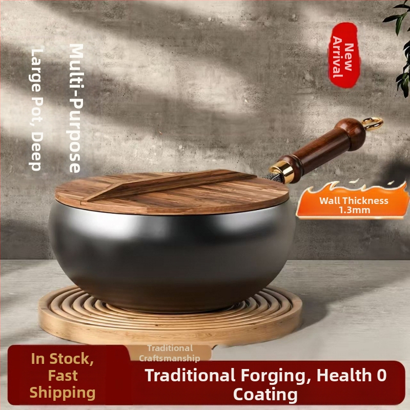 Традиционен уок от голям чугун Zhangqiu за домашна употреба, ръчно кован, без покритие, незалепващ