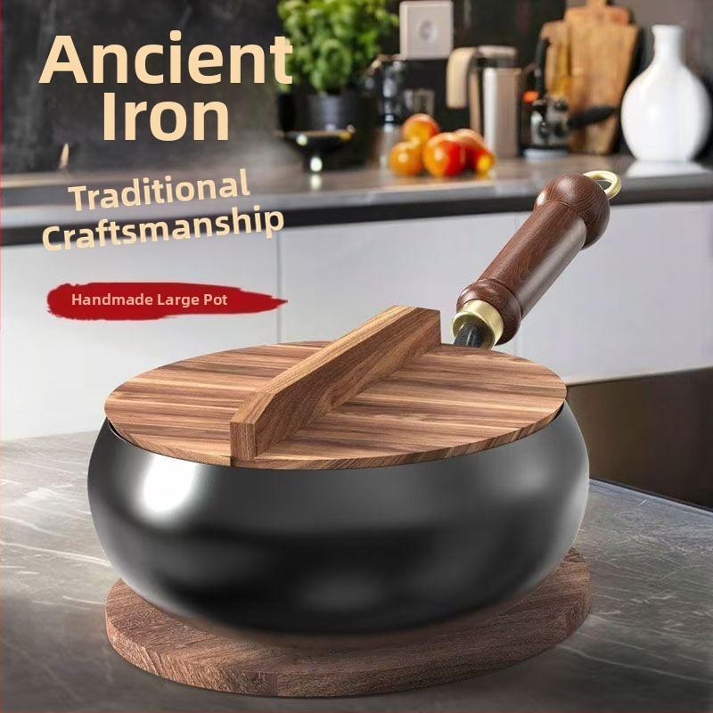 Традиционен уок от голям чугун Zhangqiu за домашна употреба, ръчно кован, без покритие, незалепващ
