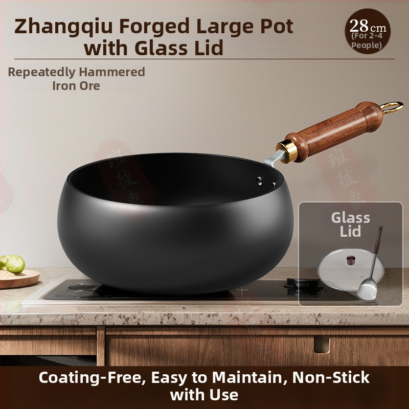 Tradicinė Zhangqiu didelio pilvo geležinė keptuvė namams, rankomis kalta, be dangos, nelimpanti