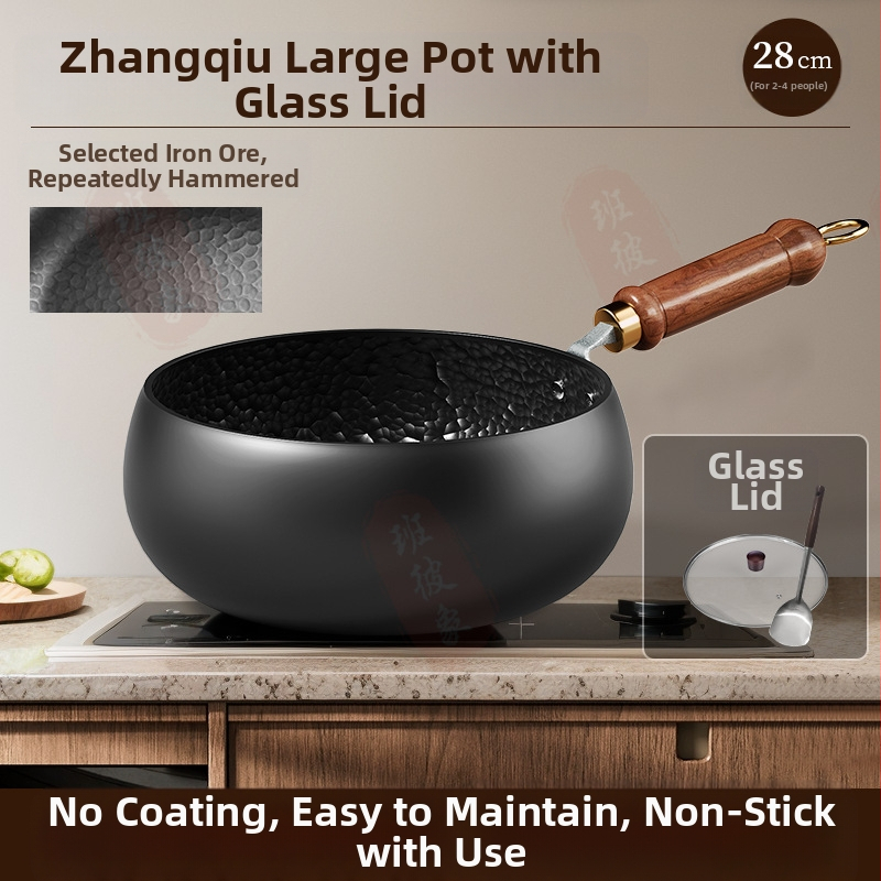 Tradicinė Zhangqiu didelio pilvo geležinė keptuvė namams, rankomis kalta, be dangos, nelimpanti