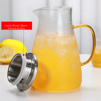 Kaltinis borosilikatinio stiklo sulčių puodelis su nerūdijančio plieno dangteliu, spalvinga rankena, arbatinukas su didele talpa, šaltas virdulys