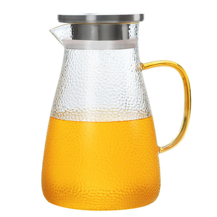 Kaltinis borosilikatinio stiklo sulčių puodelis su nerūdijančio plieno dangteliu, spalvinga rankena, arbatinukas su didele talpa, šaltas virdulys