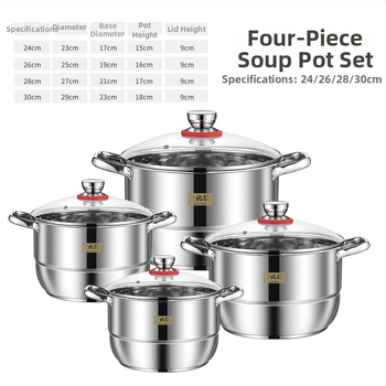 Nerūdijančio plieno virtuvės reikmenų rinkinys, aštuonių dalių rinkinys, didelės talpos dvigubo ausies puodas su garuose virtomis sriubos griežinėliais