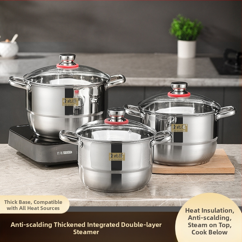 Roostevabast terasest köögitarvete komplekt, kaheksaosaline komplekt, paksendatud, suure mahutavusega kahe kõrvaga pott aurutatud viiludega, supipott