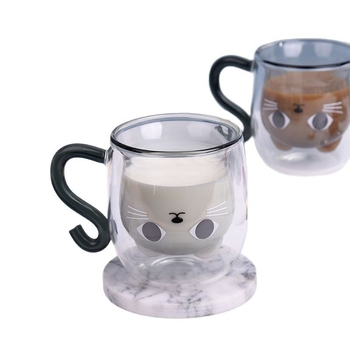 Dvisluoksnis puodelis, atsparus aukštai temperatūrai pieno puodelis, kūrybingas dovanų puodelis mergaitėms, vandens puodelis, katės puodelis, namų pusryčių puodelis, šilumos izoliacija