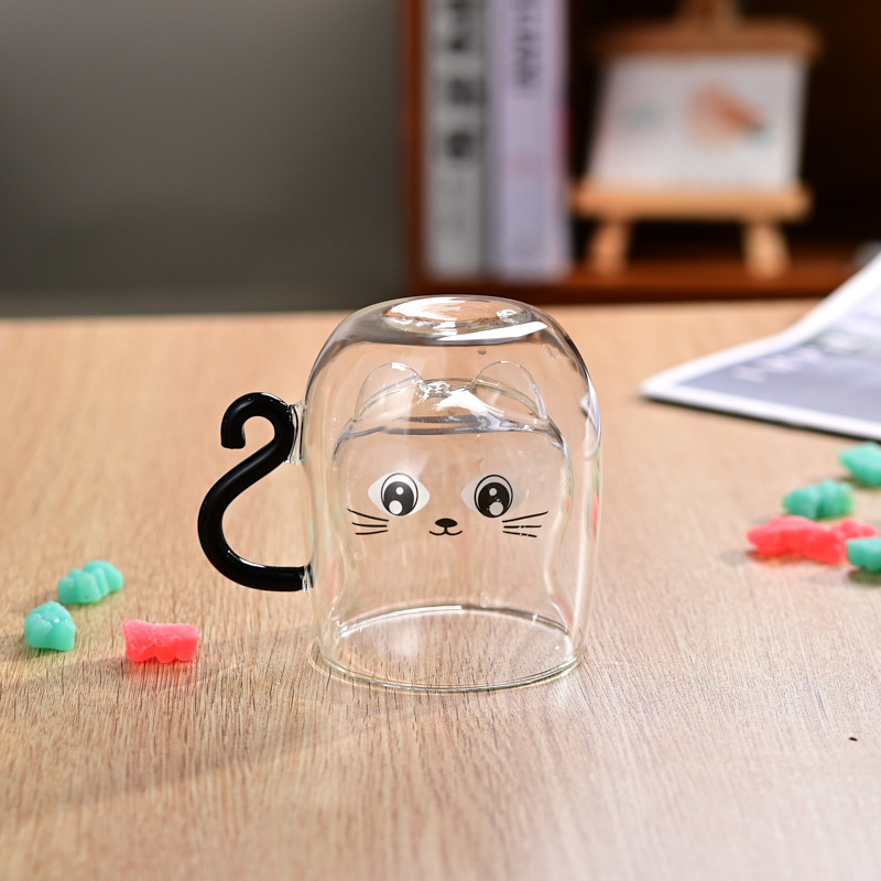 Dvisluoksnis puodelis, atsparus aukštai temperatūrai pieno puodelis, kūrybingas dovanų puodelis mergaitėms, vandens puodelis, katės puodelis, namų pusryčių puodelis, šilumos izoliacija