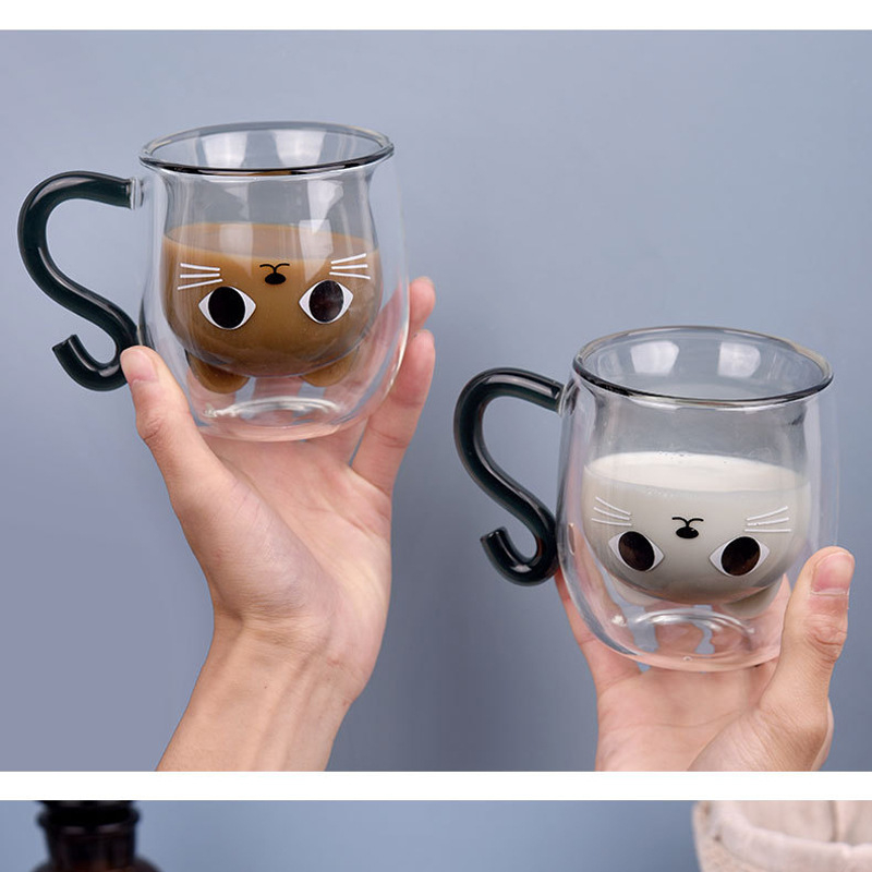 Dvisluoksnis puodelis, atsparus aukštai temperatūrai pieno puodelis, kūrybingas dovanų puodelis mergaitėms, vandens puodelis, katės puodelis, namų pusryčių puodelis, šilumos izoliacija