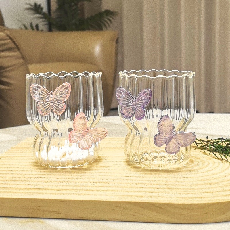 Didelės vertės rankų darbo trimatis drugelio formos stiklinis kūrybingas kavos puodelis, žiedlapių puodelis, dryžuotas puodelis, pieno puodelis, rankų darbo dovana