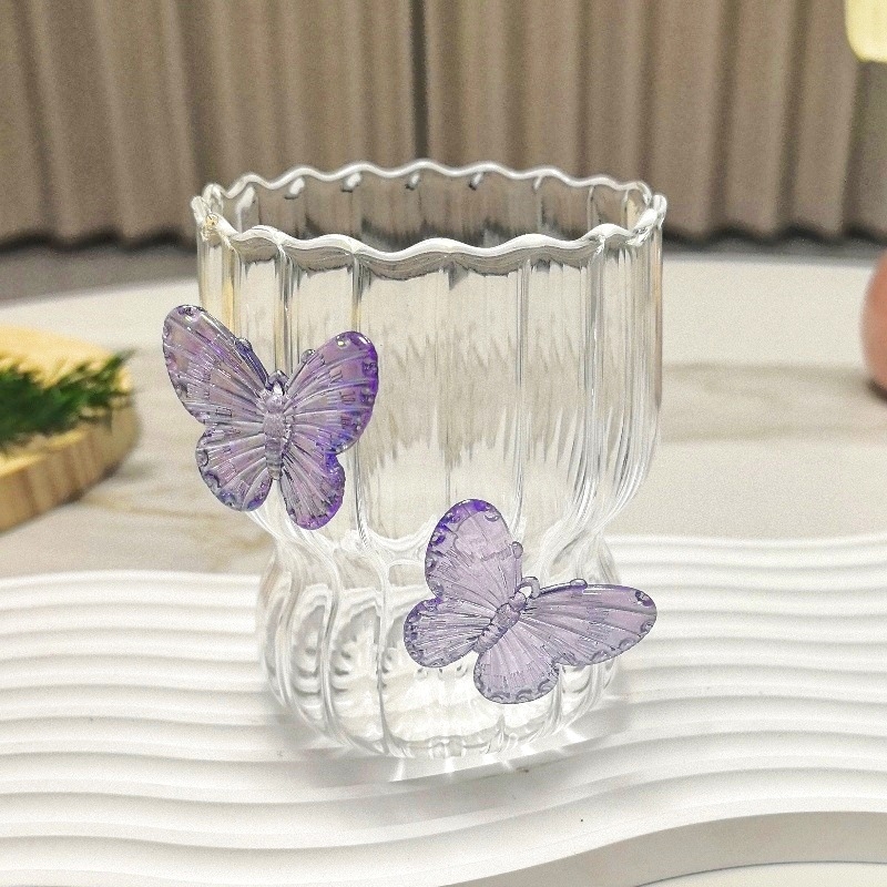 Didelės vertės rankų darbo trimatis drugelio formos stiklinis kūrybingas kavos puodelis, žiedlapių puodelis, dryžuotas puodelis, pieno puodelis, rankų darbo dovana