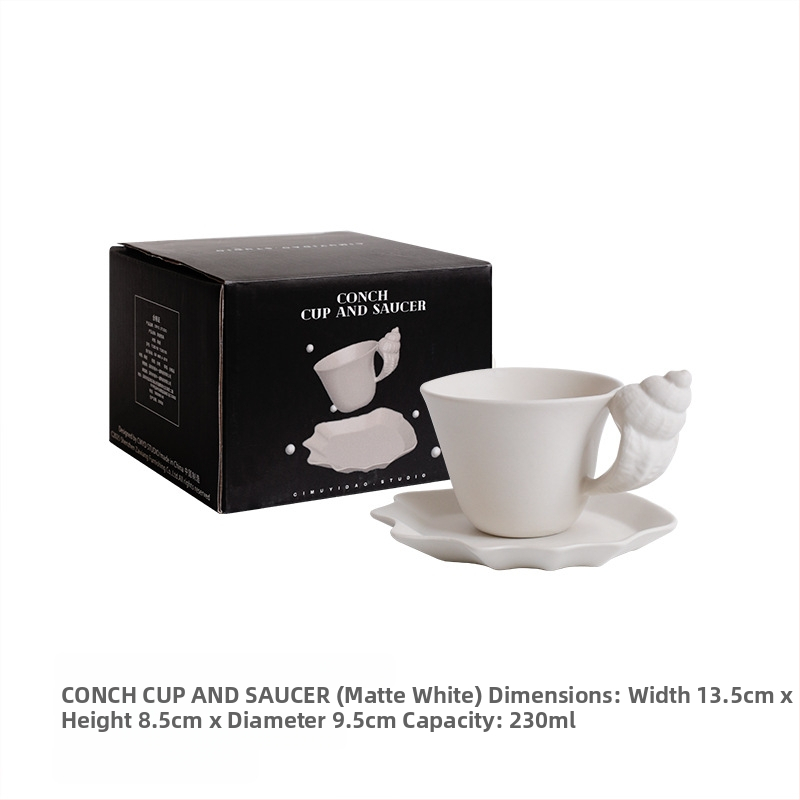„Conch Cup“ 1 vnt. kūrybingas matinis keraminis kavos puodelis ir lėkštutė su retro reljefiniu „shell“ ženklu poros puodelio dovana