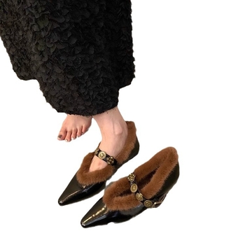 Γαλλικά παπούτσια από γούνινο βαμβάκι για αύξηση ύψους, φθινοπωρινά και χειμερινά, γυναικεία παπούτσια, νέα βραδινά παπούτσια Mary Jane με μυτερή μύτη, σε στιλ λεοπάρ