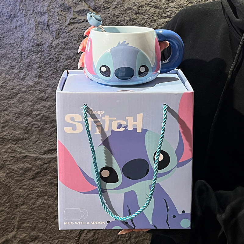 Керамична подаръчна кутия за чаша Stitch Big Belly с лъжица, креативна чаша с висока цветна стойност и капак, подаръчна ръка, придружаваща подаръчна партида