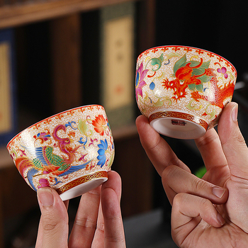 Naujas emaliuotas arbatos puodelis „Dehua Cloisonne Craft“ drakono ir fenikso poros puodelis, didelės talpos, aukštos kokybės palydėjimo ceremonija
