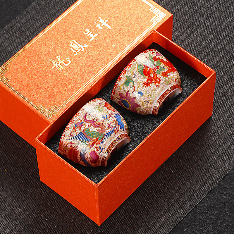 Нова емайлирана чаша за чай Dehua Cloisonne Craft Dragon and Phoenix Pair Cup Голяма вместимост Master Cup Висококачествена съпътстваща церемония
