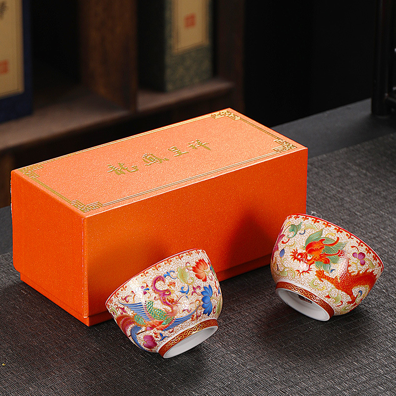 Naujas emaliuotas arbatos puodelis „Dehua Cloisonne Craft“ drakono ir fenikso poros puodelis, didelės talpos, aukštos kokybės palydėjimo ceremonija