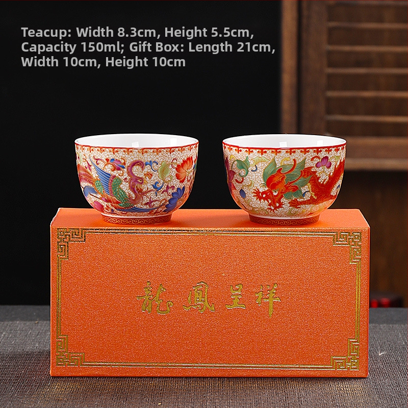 Naujas emaliuotas arbatos puodelis „Dehua Cloisonne Craft“ drakono ir fenikso poros puodelis, didelės talpos, aukštos kokybės palydėjimo ceremonija
