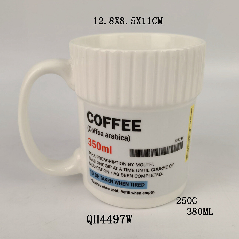 Keraamilise ravimipurgi kohvitopsi range valik loominguline ravimitops piiriülene ravimipudeli kuju kruusi muster veetops