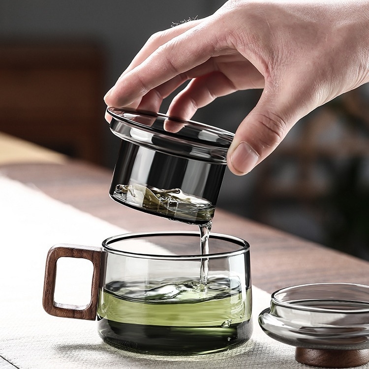 Stiklinis arbatinukas, trijų dalių, puodelis, buitinis, medinis, kvapnus, kung fu arbatos gaminimo rinkinys, specialus, aukštai temperatūrai atsparus, arbatos atskyrimo indas