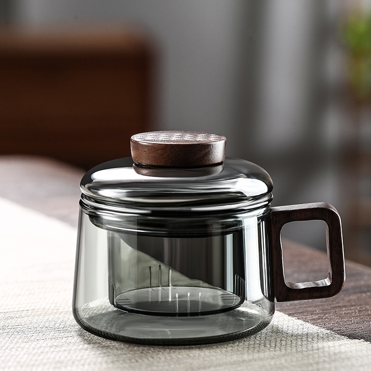 Stiklinis arbatinukas, trijų dalių, puodelis, buitinis, medinis, kvapnus, kung fu arbatos gaminimo rinkinys, specialus, aukštai temperatūrai atsparus, arbatos atskyrimo indas