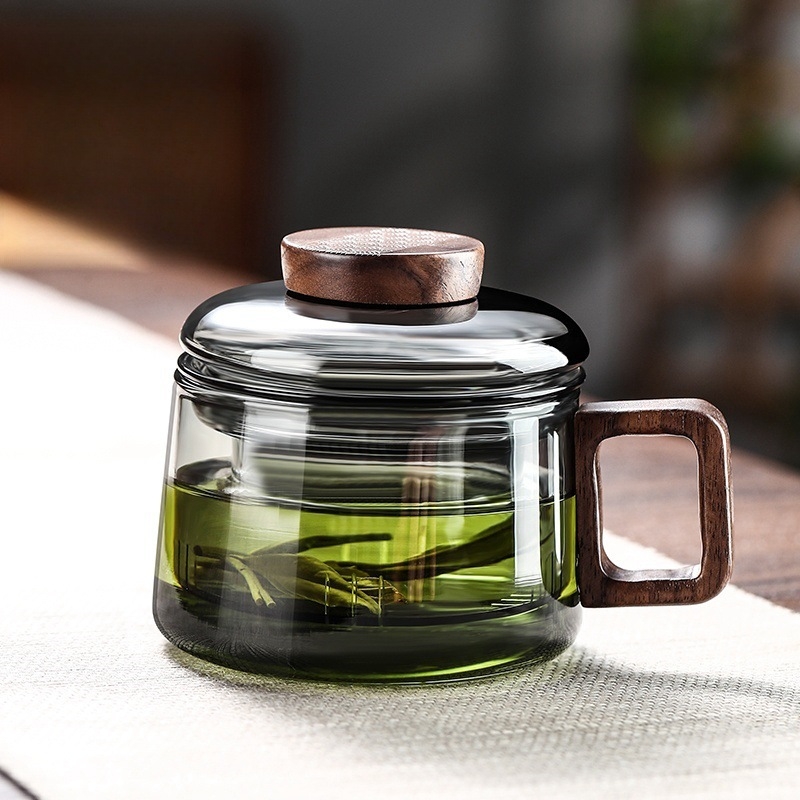 Stiklinis arbatinukas, trijų dalių, puodelis, buitinis, medinis, kvapnus, kung fu arbatos gaminimo rinkinys, specialus, aukštai temperatūrai atsparus, arbatos atskyrimo indas