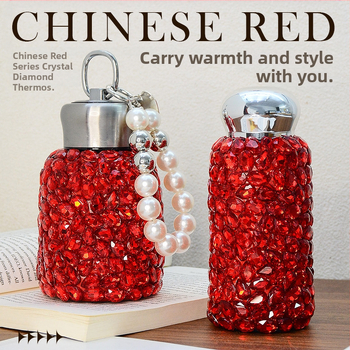 Naujųjų metų raudonojo krištolo deimantinis vakuuminis puodelis, išvaizdus vakuuminis puodelis, rankų darbo, su deimantais įterptas interneto garsenybių puodelis, šilumos izoliacija, puodelis