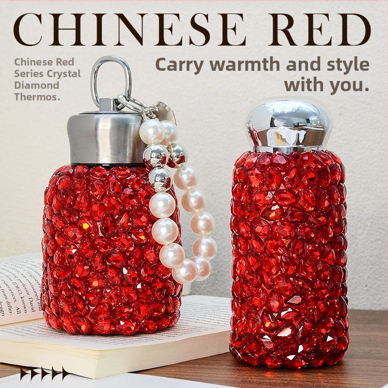 Naujųjų metų raudonojo krištolo deimantinis vakuuminis puodelis, išvaizdus vakuuminis puodelis, rankų darbo, su deimantais įterptas interneto garsenybių puodelis, šilumos izoliacija, puodelis