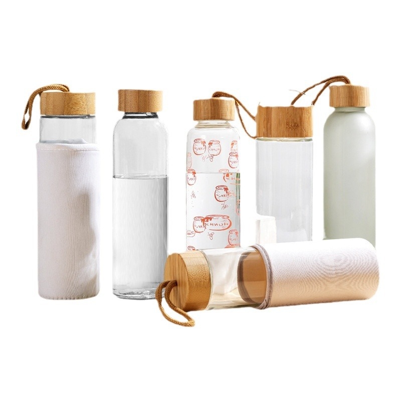Υψηλής ποιότητας βοριοπυριτικό μπαμπού καπάκι κορδόνι γυάλινο αθλητικό μπουκάλι νερό μονής στρώσης γυάλινο φορητό δημιουργικό ποτήρι ανάπηρου κυλινδρικό ποτήρι νερού