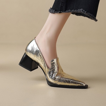 Ασημί Παπούτσια Μονής Επίστρωσης με Μυτερά Δάχτυλα, Γυναικεία Φθινοπωρινά Ψηλοτάκουνα με Βαθιά Στόμα, Χοντρό Τακούνι, Μικρά Δερμάτινα Παπούτσια Βρετανικού Τύπου, Παπούτσια Μονής Επίστρωσης, Χαμηλά Παπούτσια