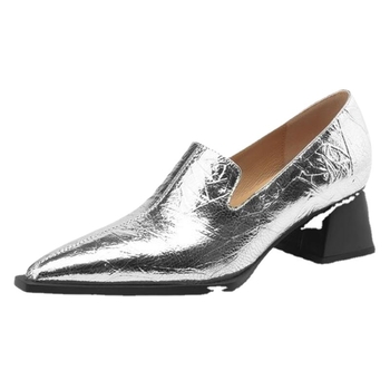 Ασημί Παπούτσια Μονής Επίστρωσης με Μυτερά Δάχτυλα, Γυναικεία Φθινοπωρινά Ψηλοτάκουνα με Βαθιά Στόμα, Χοντρό Τακούνι, Μικρά Δερμάτινα Παπούτσια Βρετανικού Τύπου, Παπούτσια Μονής Επίστρωσης, Χαμηλά Παπούτσια