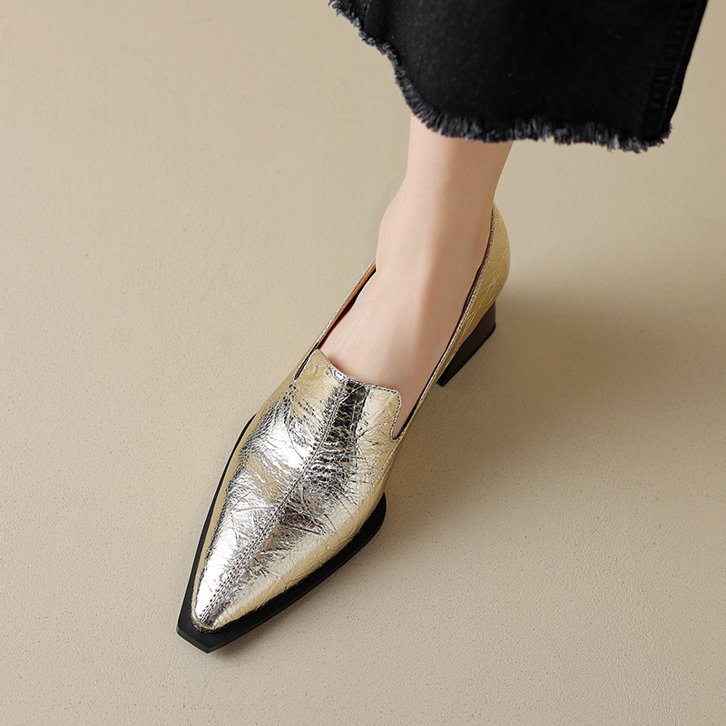 sidabriniai smailiomis nosimis vieno sluoksnio bateliai moteriški rudens gilios nosies aukštakulniai storu kulnu britiško stiliaus maži odiniai bateliai vieno sluoksnio bateliai žemakulniai bateliai