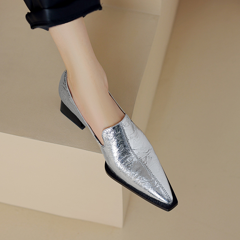 sidabriniai smailiomis nosimis vieno sluoksnio bateliai moteriški rudens gilios nosies aukštakulniai storu kulnu britiško stiliaus maži odiniai bateliai vieno sluoksnio bateliai žemakulniai bateliai