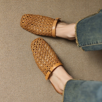 Υφαντά αναπνεύσιμα παπούτσια με κοίλες τρύπες, σανδάλια με δάχτυλα στα δάχτυλα, νέα καλοκαιρινά γυναικεία παπούτσια, casual mesh half pantofles