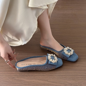 2025 m. vasaros nauja korėjietiška rankinės formos šlepečių versija moterims, avinčioms kvadratinę galvutę, perlų apvalią sagtį, pedalus, „Mueller“ batai, urmu